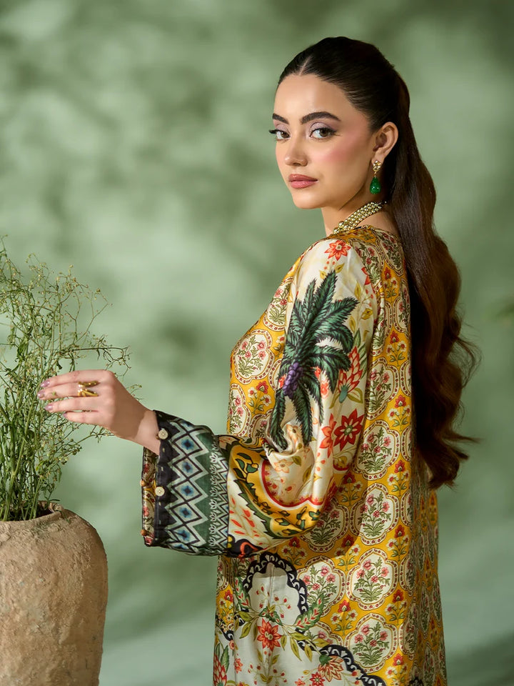 Rangreza Mustard Printed Silk 2-Piece Kaftan – EA-90-04