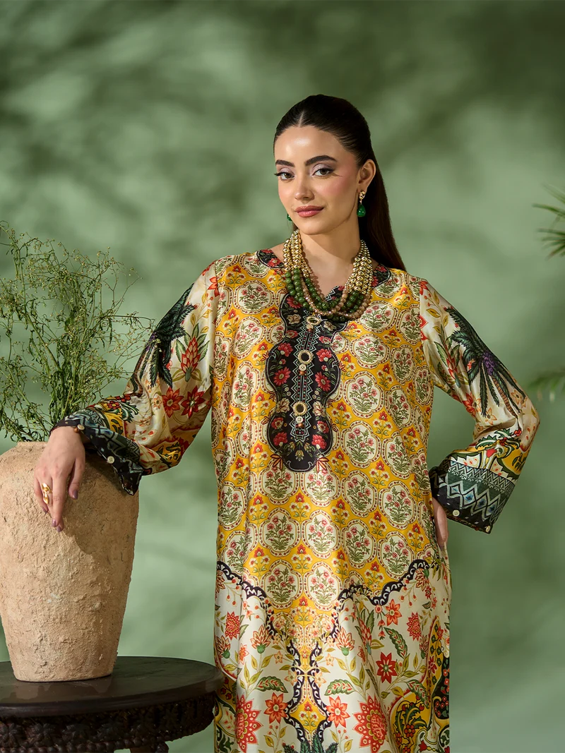 Rangreza Mustard Printed Silk 2-Piece Kaftan – EA-90-04