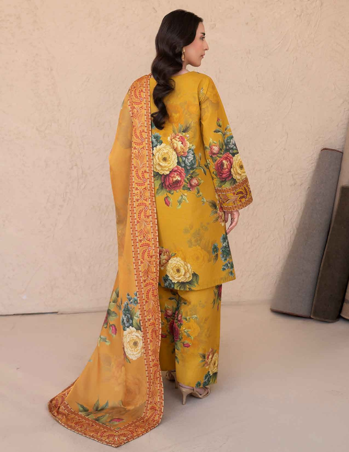 Back view of RANGREZA ML-198-5405 mustard yellow khaddar outfit with floral motifs and printed dupatta, stylish Pakistani winter ensemble.