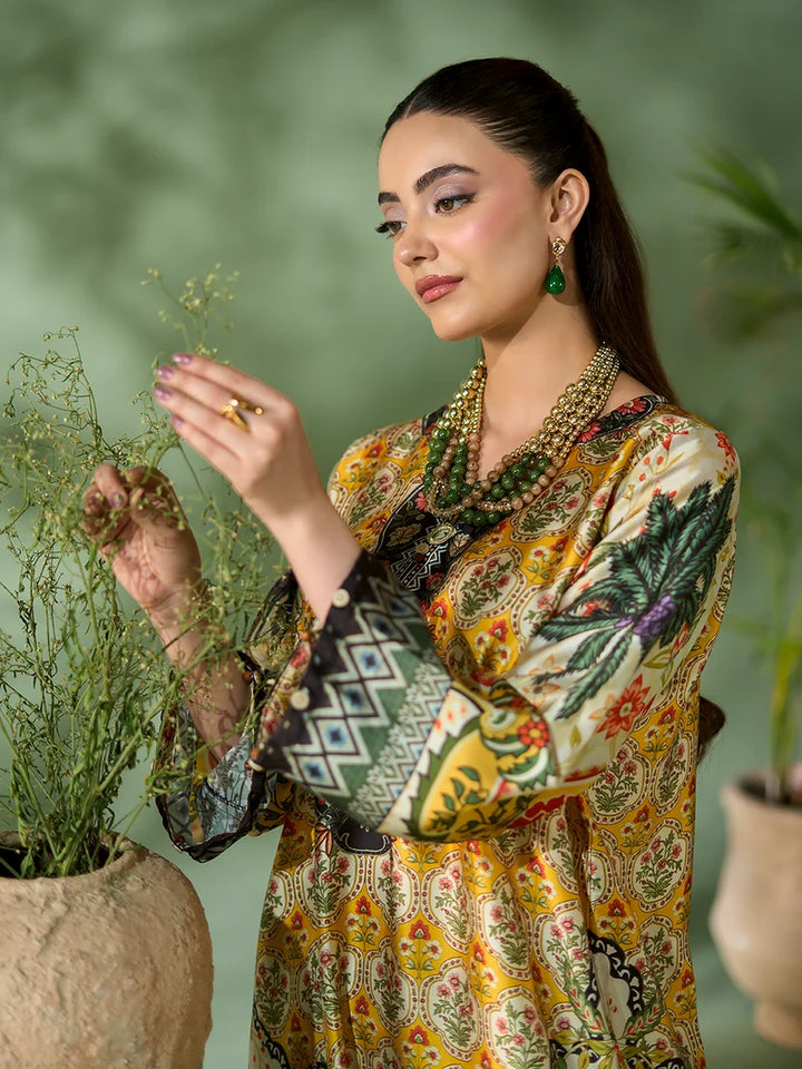 Rangreza Mustard Printed Silk 2-Piece Kaftan – EA-90-04