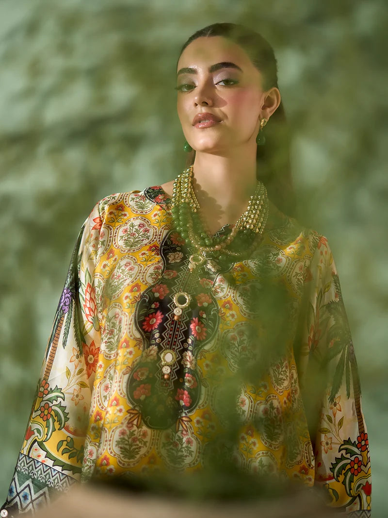 Rangreza Mustard Printed Silk 2-Piece Kaftan – EA-90-04