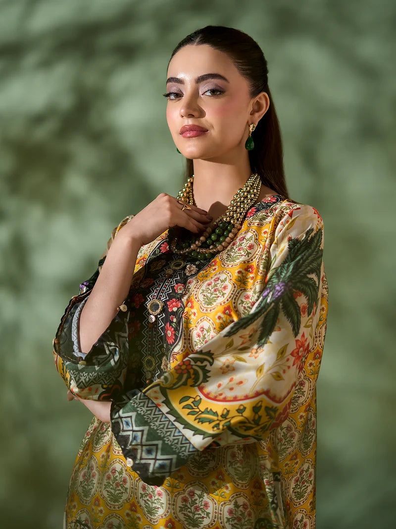 Rangreza Mustard Printed Silk 2-Piece Kaftan – EA-90-04
