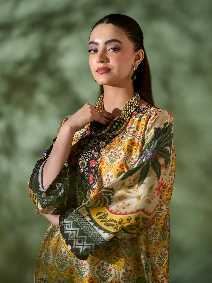 Rangreza Mustard Printed Silk 2-Piece Kaftan – EA-90-04