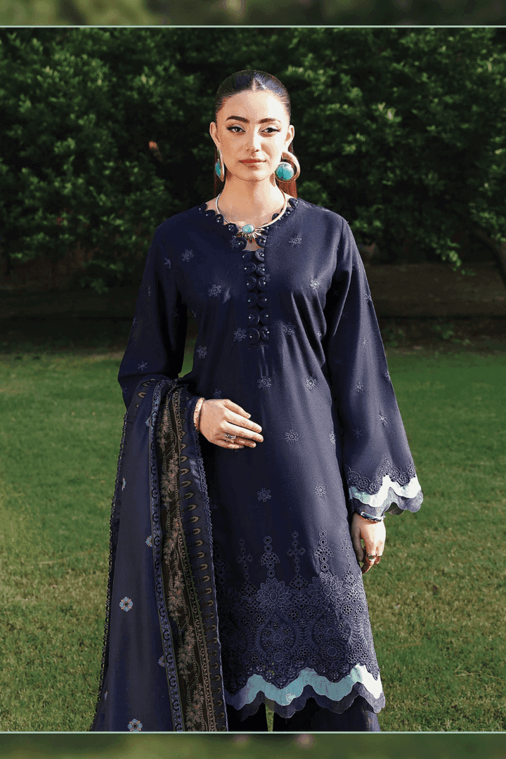 Close-up of RANGREZA AL-1127 navy blue shirt featuring intricate chikankari embroidery and scalloped hem, ideal for formal wear.