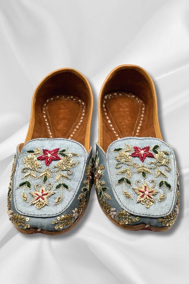 Bahaar IceBlue Jutti - Pakistani Khussa Shoes with gold hand-embroidery and red floral 3D embellishments on fuchsia fabric. Ideal festive flats.