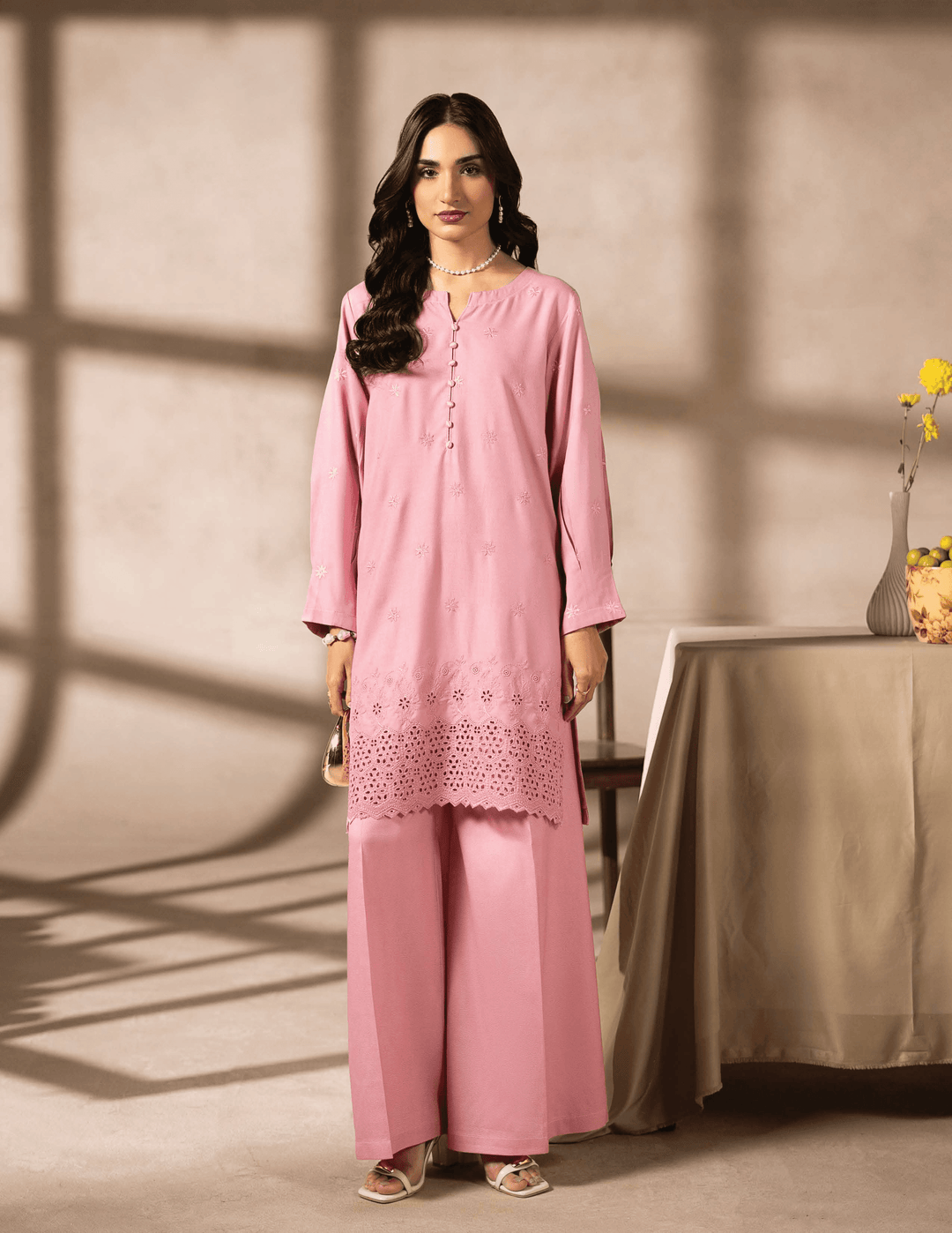RANGREZA EA-46-3801 pink two piece suit with embroidered shirt and wide-leg bottoms, ideal for Pakistani two piece suits online shopping.