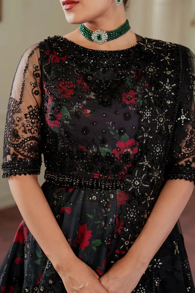 Detailed embroidery view of Rangreza 3 Piece frock AL-4199 showing black net fabric with red floral and bead embellishments.