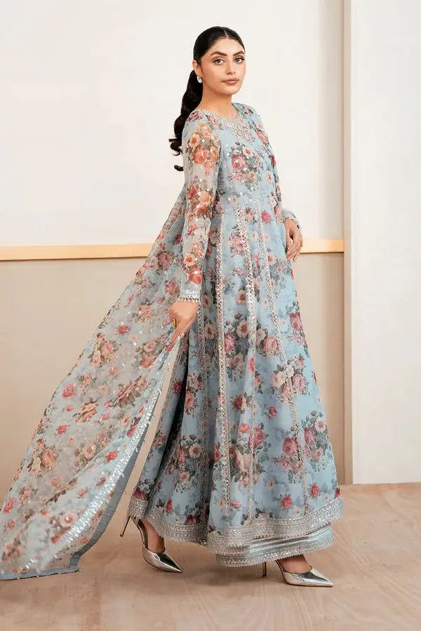 Flowy BAROOQUE Printed Chiffon Kalidar Frock with hand-embellished dupatta and flared silhouette, perfect for formal occasions.