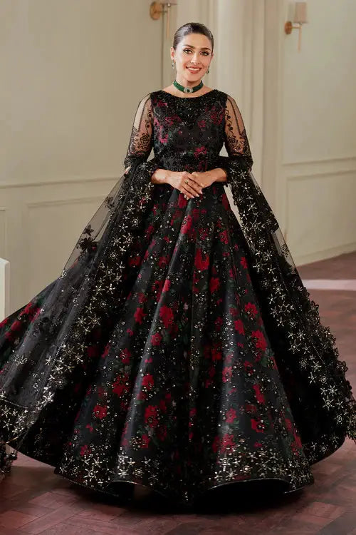Full front view of Rangreza 3 Piece embroidered frock AL-4199 with flared silhouette and black net dupatta, perfect for weddings.