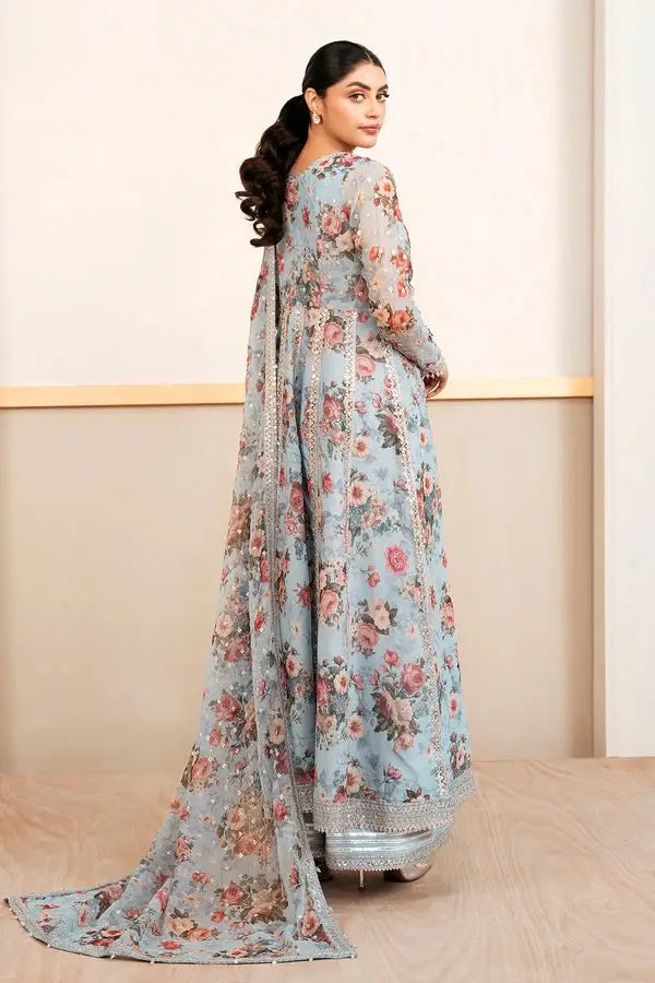 Back view of BAROOQUE Embellished Chiffon Kalidar Frock with trailing floral dupatta and detailed embroidery on sheer fabric.