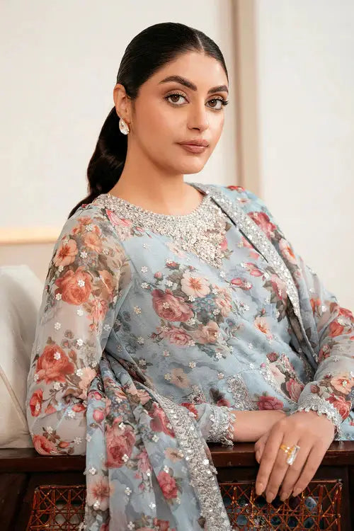 Elegant BAROOQUE Embellished Chiffon Kalidar Frock with floral print and silver detailing, styled with matching dupatta and jewelry.