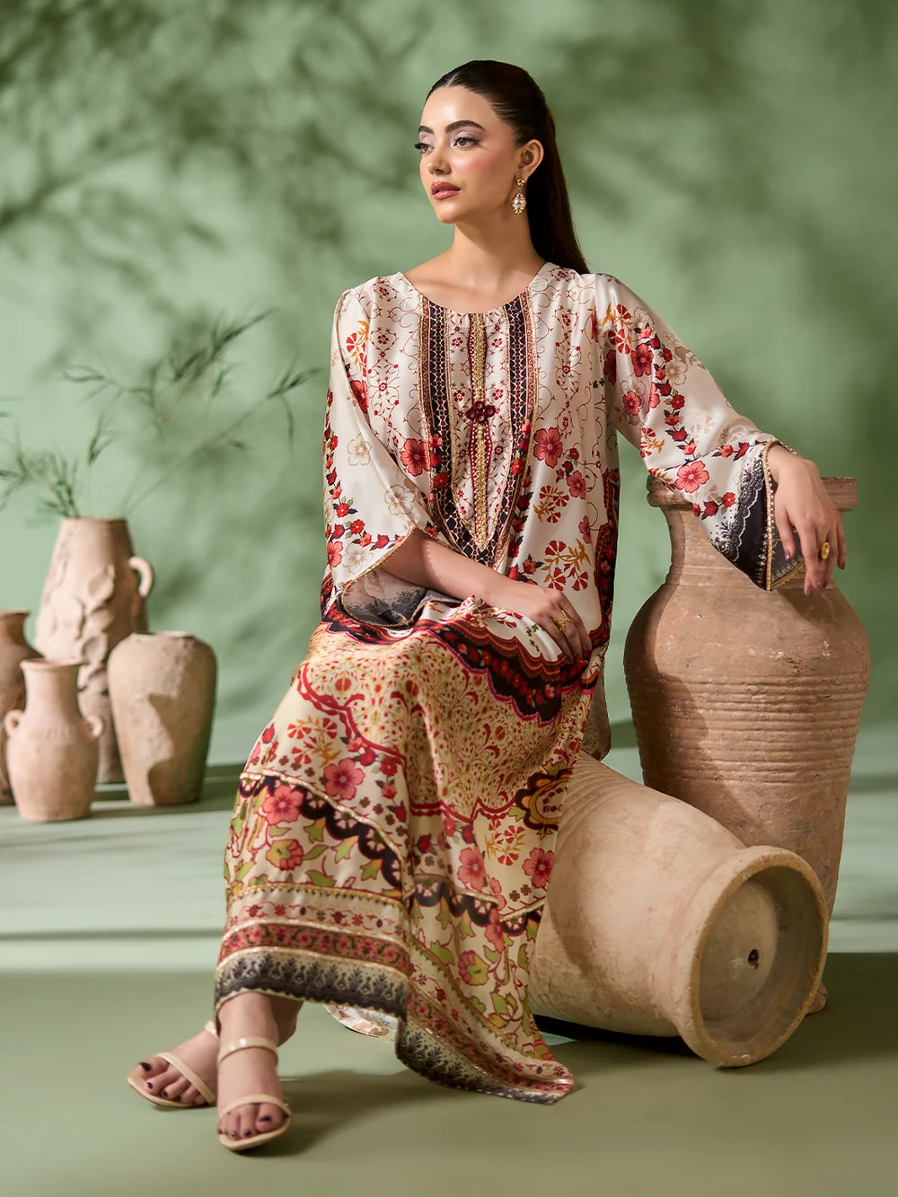Rangreza Off-White Printed Silk 2-Piece Kaftan – EA-86-04