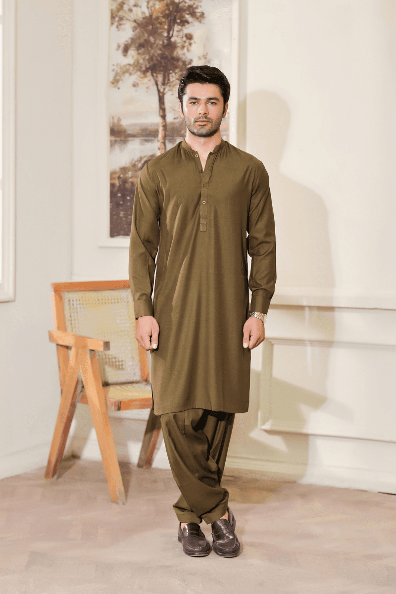 Exclusive Green - Mens Shalwar Kameez Blended Fabric MA-103 featuring a full front view of traditional army green attire in a modern indoor setting.