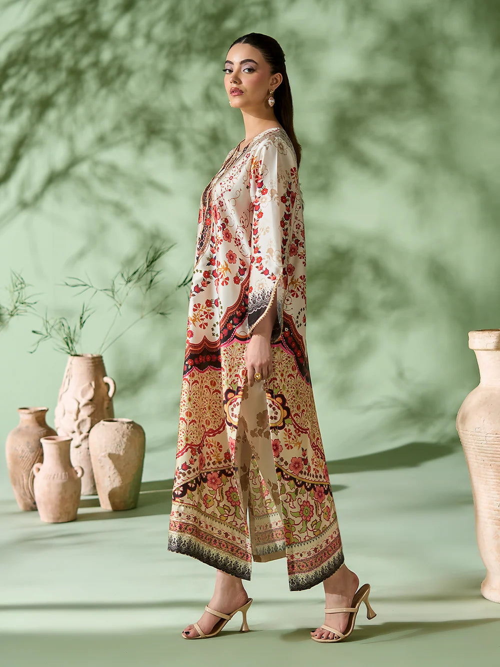 Rangreza Off-White Printed Silk 2-Piece Kaftan – EA-86-04