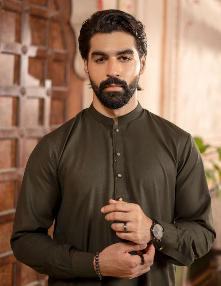Close-up of RANGREZA MA-98 men's eid outfit showcasing dark brown kameez with buttoned placket and fine detailing for festive wear.