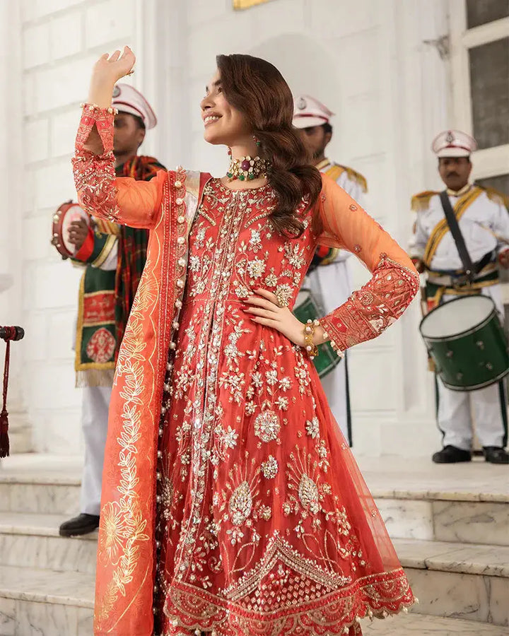 AROOSH AR-103-2200 Pakistani wedding dress with vibrant red embroidery and organza dupatta, perfect for festive bridal wear. Features luxurious detailing.