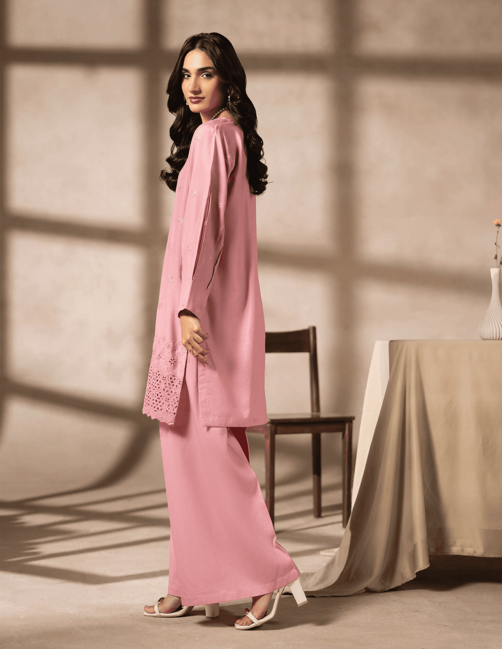Back view of RANGREZA EA-46-3801 pink 2 piece suit featuring elegant embroidery, perfect for stylish Pakistani two piece suits online shopping.