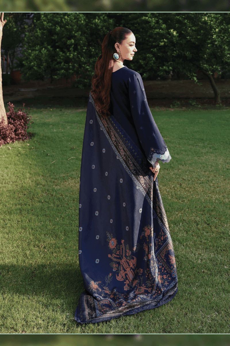 Back view of RANGREZA AL-1127 embroidered shirt with printed wool shawl, showcasing elegant design for Pakistani winter fashion.