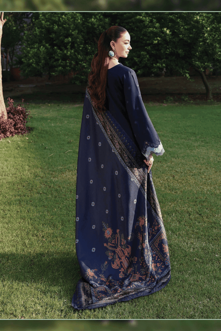 Back view of RANGREZA AL-1127 embroidered shirt with printed wool shawl, showcasing elegant design for Pakistani winter fashion.