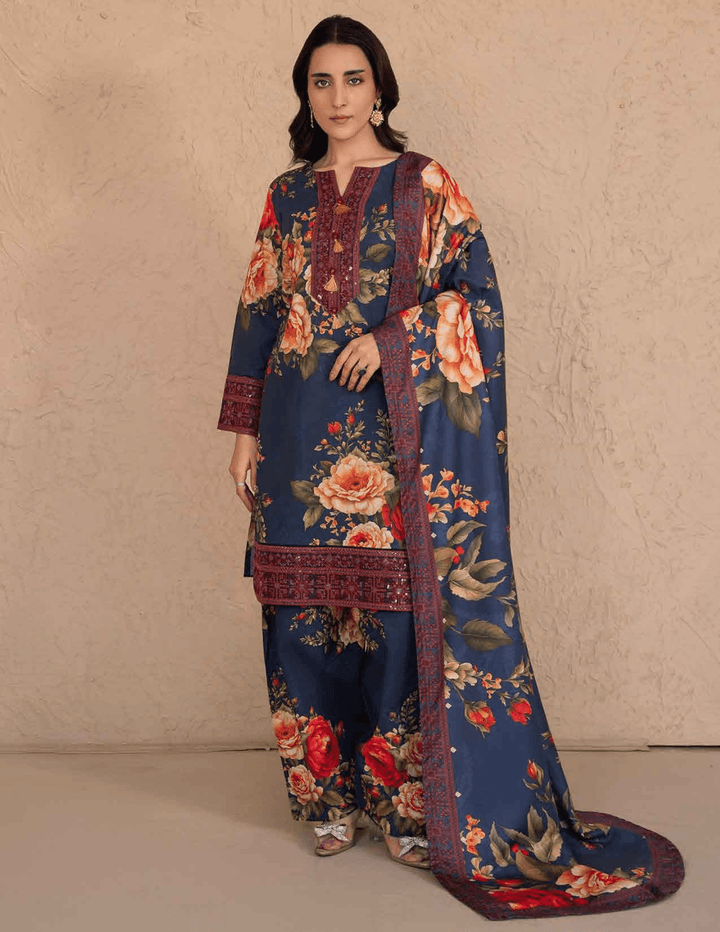 RANGREZA ML-197-5404 stitched Pakistani winter suit for women featuring a navy blue Khaddar shirt, floral print, and matching dupatta and trousers.