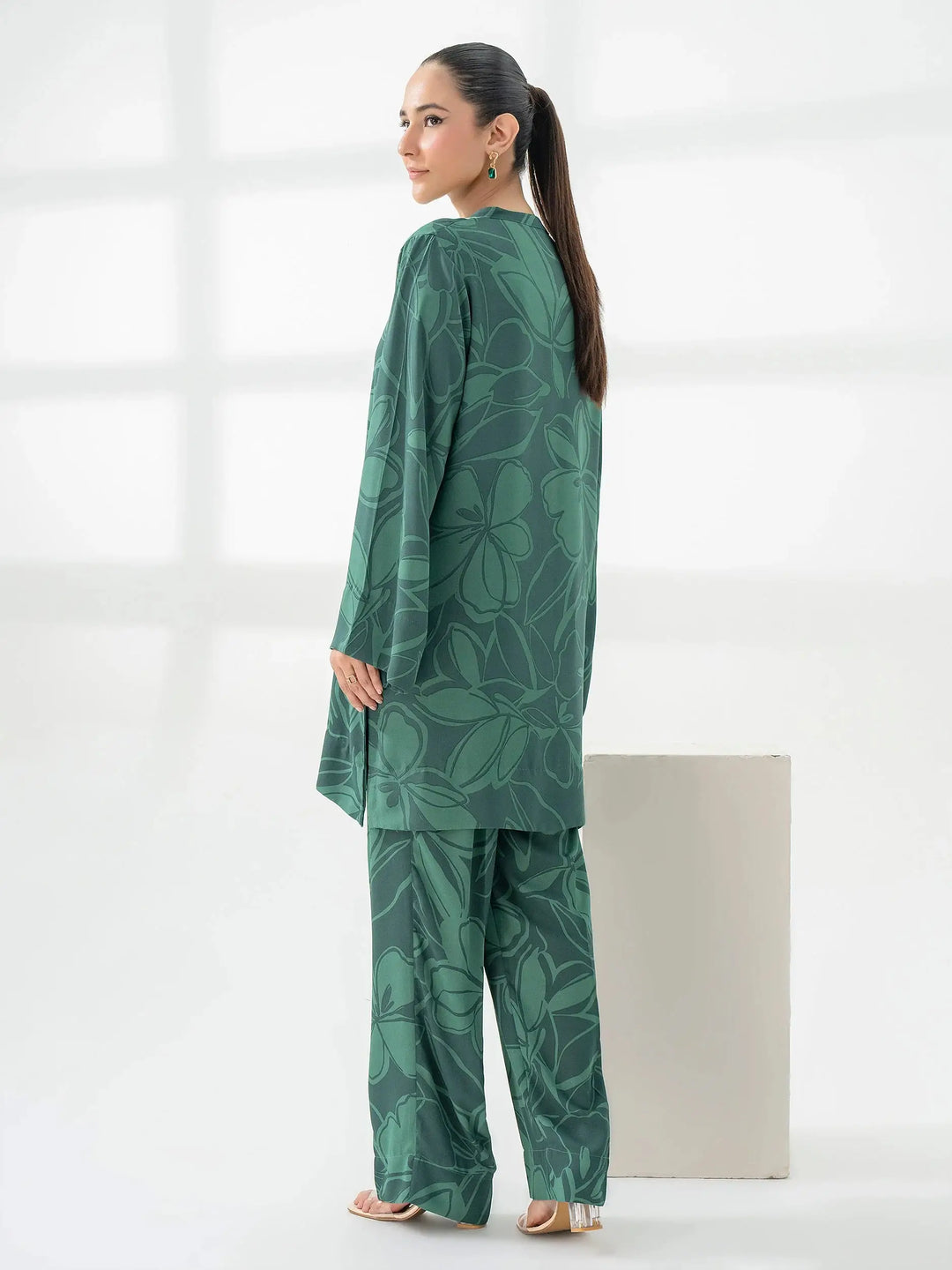 Back view of Limelight's green printed co-ord set highlighting the floral print and loose-fitting design for a comfortable look.