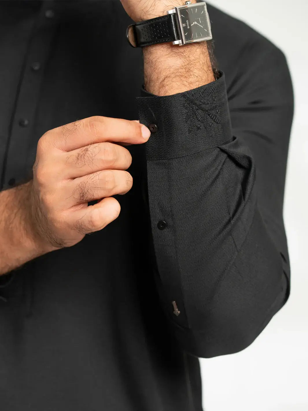 Man wearing black kurta with watch, stylish formal men&