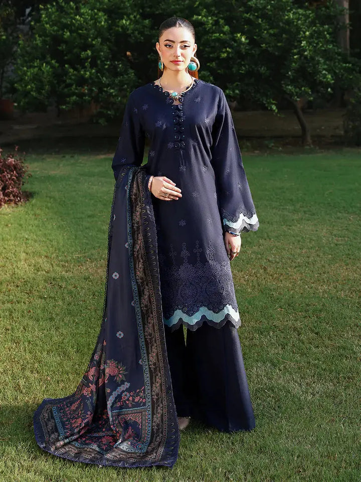 RANGREZA AL-1127 three-piece suit with embroidered shirt, wide-leg trousers, and printed wool shawl, styled for elegant winter wear.
