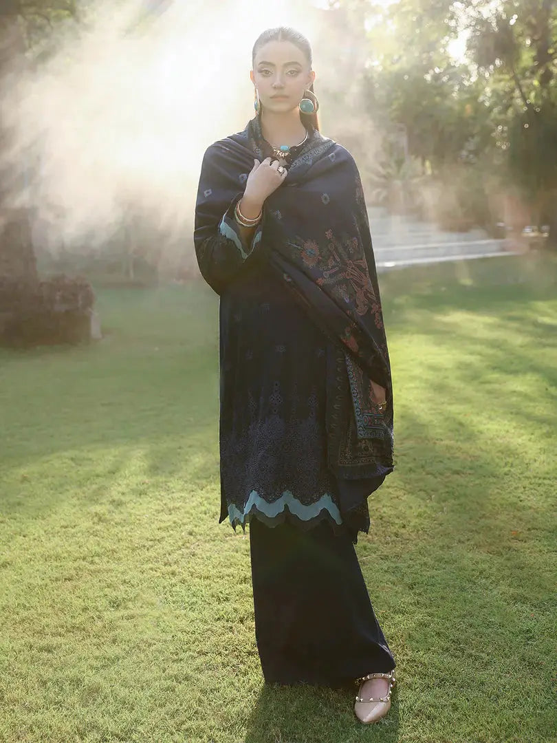 Elegant RANGREZA AL-1127 outfit with navy chikankari shirt and floral wool shawl, perfect for premium online clothes shopping in Pakistan.