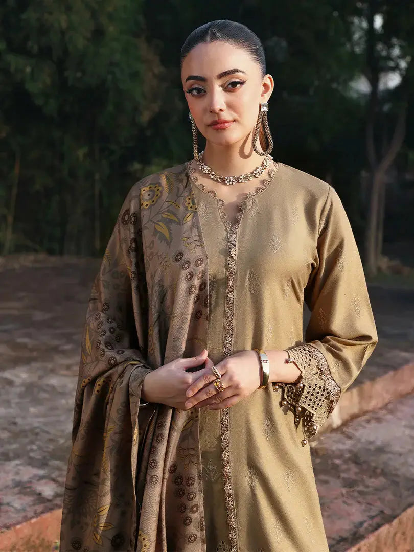 Close-up of RANGREZA | AL-1129 showcasing intricate chikankari embroidery on Dhanak fabric shirt with detailed accessories and printed shawl.