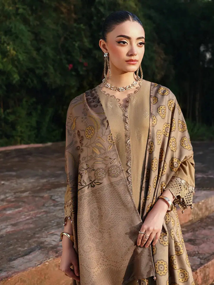 Elegant RANGREZA | AL-1129 outfit with floral printed wool shawl draped over a chikankari embroidered shirt in warm brown hues.