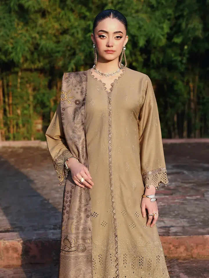 Front view of RANGREZA | AL-1129 highlighting the embroidered neckline and sleeves of the Dhanak shirt paired with a patterned shawl.