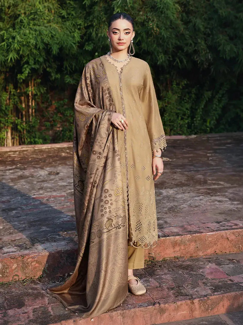 RANGREZA | AL-1129 - Pakistani ladies clothes featuring a chikankari Dhanak shirt, printed wool shawl, and matching trousers in earthy tones.