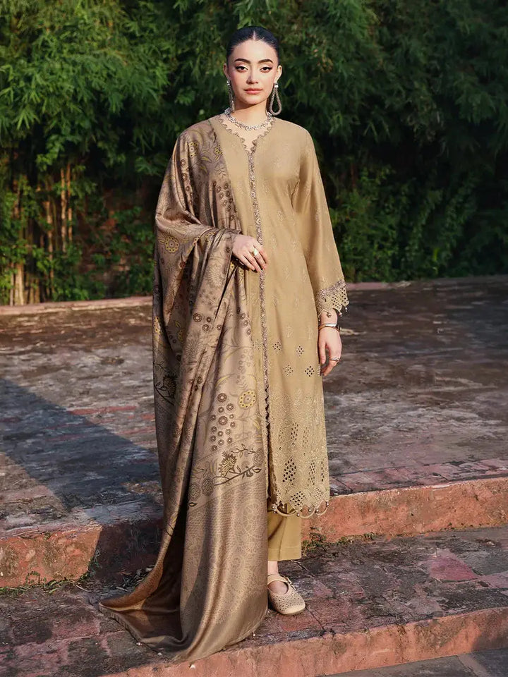 RANGREZA | AL-1129 - Pakistani ladies clothes featuring a chikankari Dhanak shirt, printed wool shawl, and matching trousers in earthy tones.