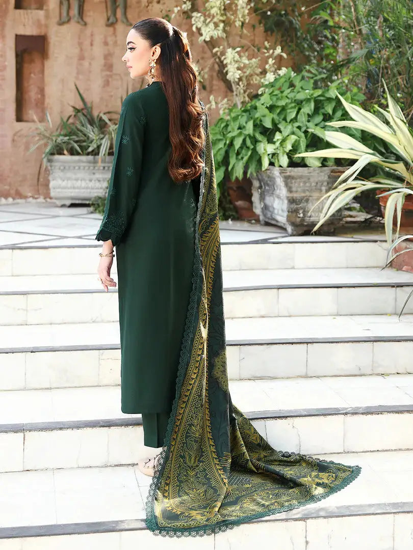 Back view of rangreza AL-1130 green outfit with long wool shawl featuring intricate golden prints, ideal for traditional occasions.
