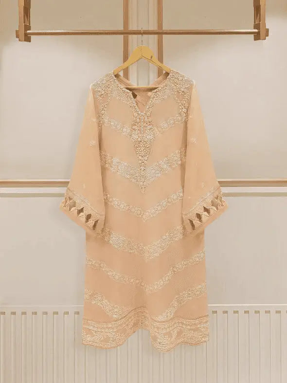 Agha Noor embroidered cotton net shirt on hanger