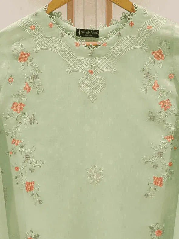 Close-up of embroidery on Agha Noor jacquard lawn shirt