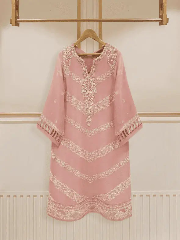 Pink hand-embroidered cotton net shirt on hanger