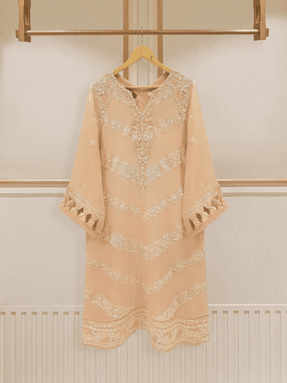 Agha Noor embroidered cotton net shirt on hanger