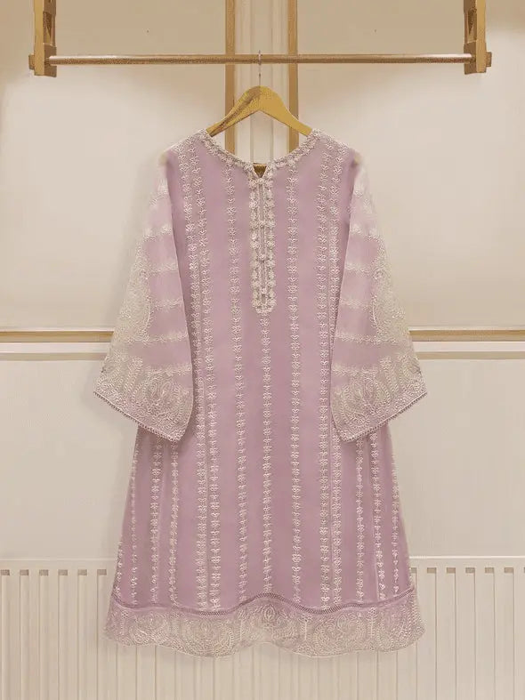 Front view of lavender embroidered organza shirt