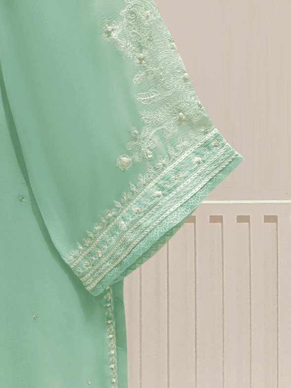 Sleeve embroidery detail on Agha Noor chiffon shirt