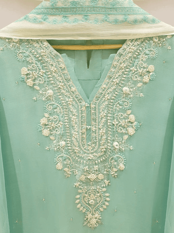 Close-up of embroidery on Agha Noor chiffon shirt