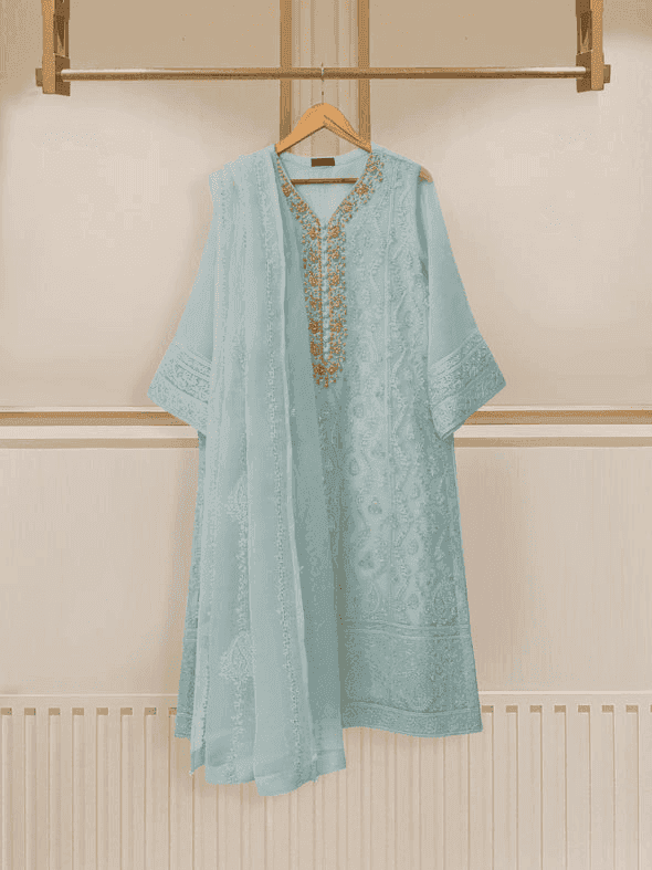 Elegant organza two-piece with embroidered shirt and dupatta