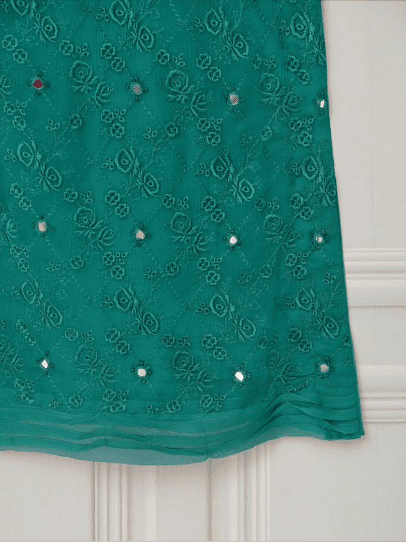 Bottom embroidery detail of green chiffon kameez