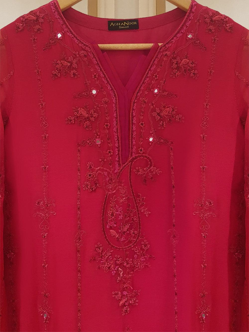 Red Pakistani Chiffon Dress - Hand Embroidered Chiffon USA | S107259   Rangreza