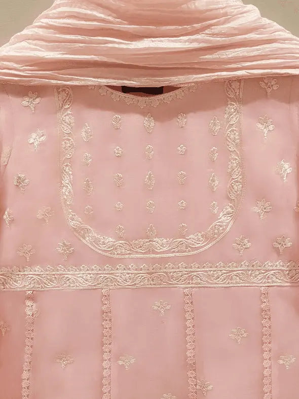 Close-up of embroidery on Agha Noor organza frock