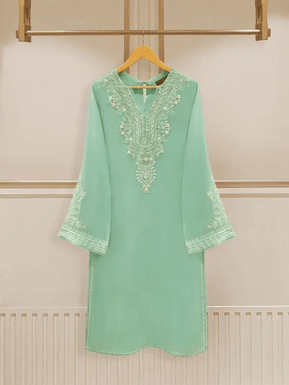 Agha Noor chiffon embroidered shirt on hanger