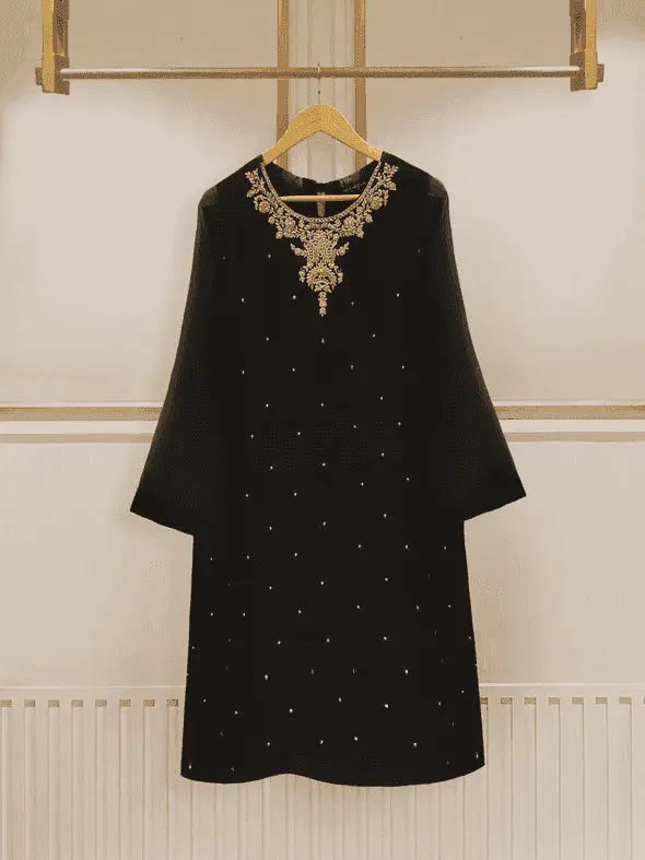 Agha Noor black chiffon dress with gold embroidery front view