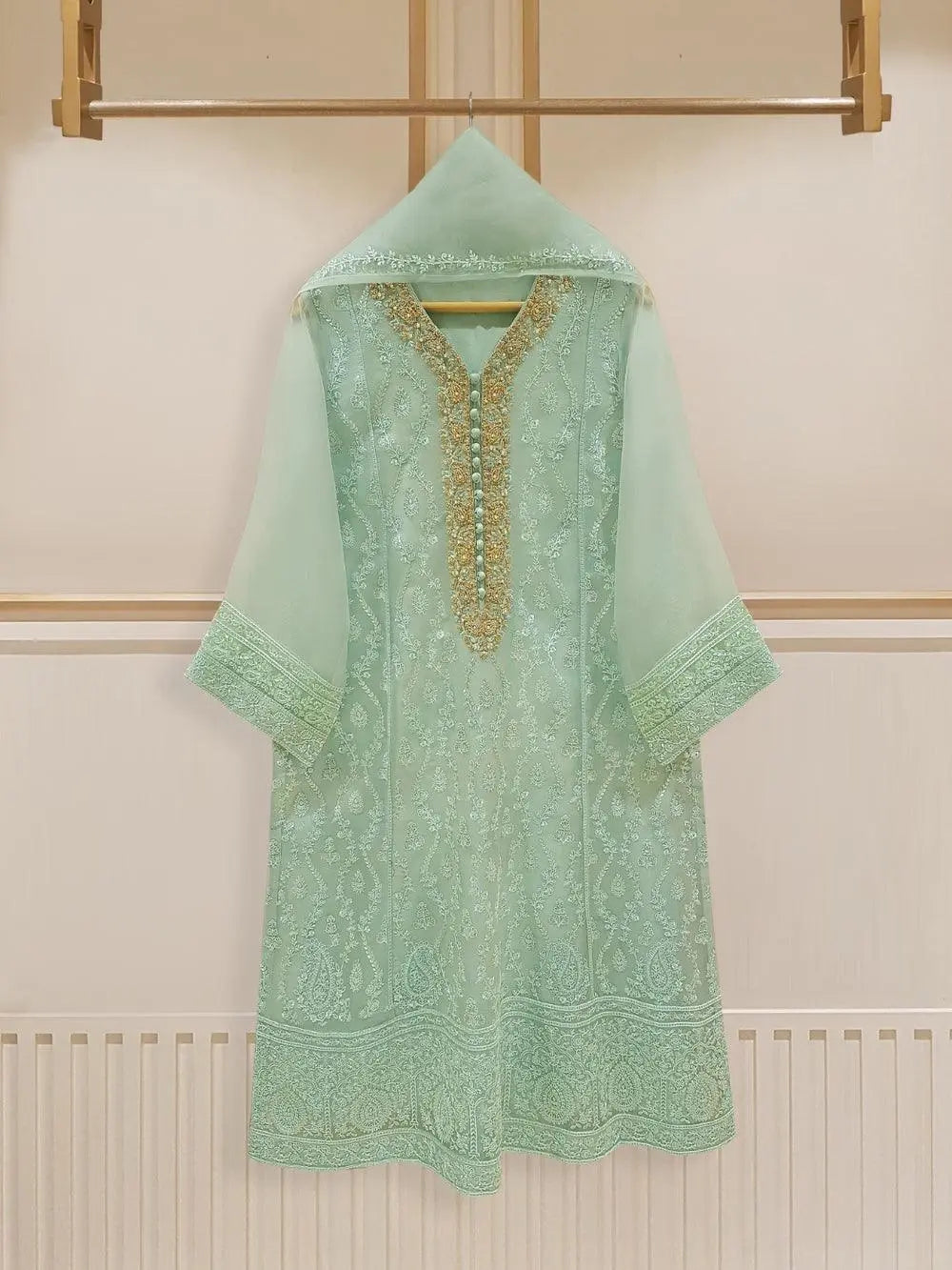 Agha Noor organza shirt with dupatta on hanger