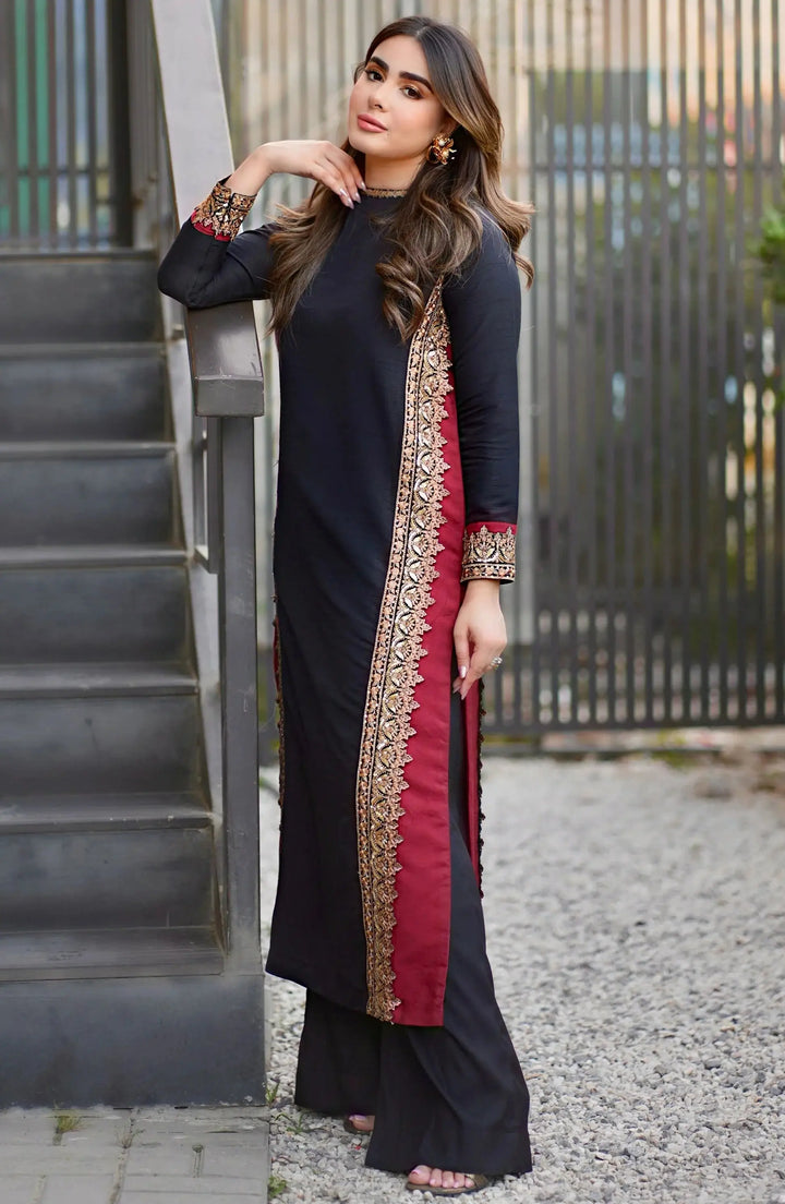 MARYUM AND MARIA ADELINE MS-24201-1500 black raw silk shirt pants and dupatta set with gold and maroon embroidery, luxury pret collection.