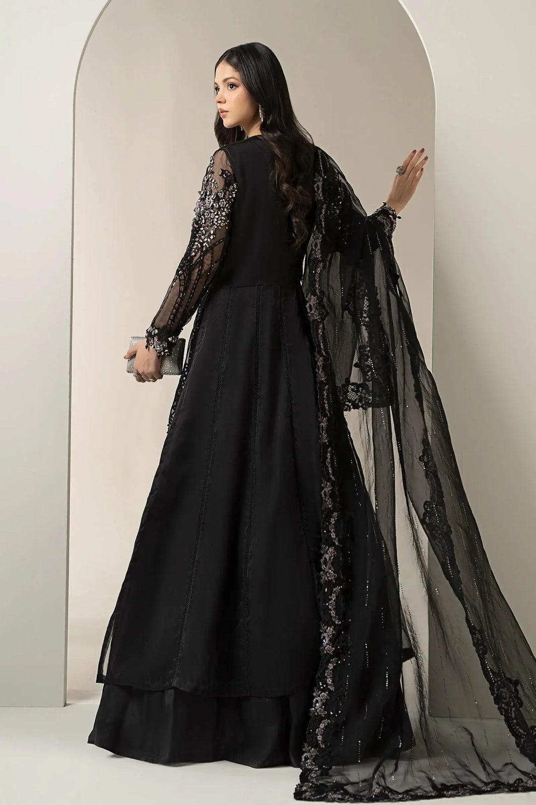 Back view of 3 Piece Embroidered Suit - Black Long Dress Organza featuring flowing silhouette and embroidered sheer dupatta in AL-4231 design.
